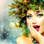 Christmas Woman. Beautiful New Year and Christmas Tree Holiday H